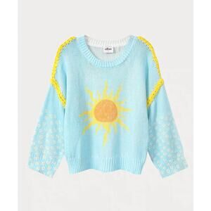 Me369 Womens XS/S Capri Pura Vida Sweater Blue Yellow Cotton Open Knit